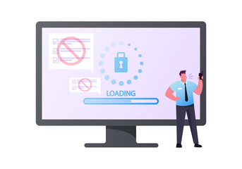 Male Guardian Character in Formal Wear Stand at Huge Computer Monitor with Loading Slider, Lock and Prohibition Signs