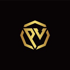 P V initial logo modern triangle and polygon design template with gold color