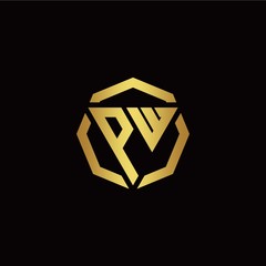 P W initial logo modern triangle and polygon design template with gold color