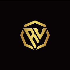 R V initial logo modern triangle and polygon design template with gold color