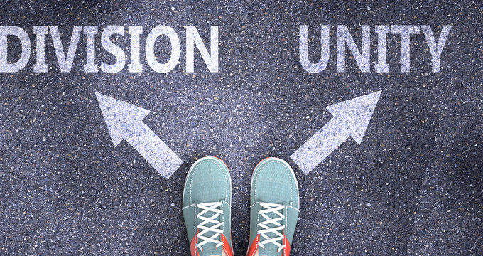 Division and unity as different choices in life - pictured as words Division, unity on a road to symbolize making decision and picking either Division or unity as an option, 3d illustration