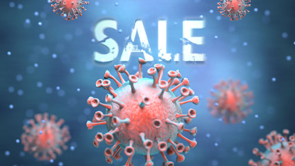 Covid and sale, pictured as red viruses attacking word sale to symbolize turmoil, global world problems and the relation between corona virus and sale, 3d illustration