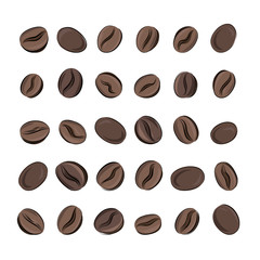 Set of roasted coffee beans in hand-sketch and carton style, brown on white background. For menus, cafes and coffee shops, kitchens and packaging