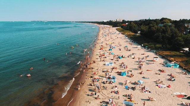 Sopot, Poland, 05.08.2020 High season on the beach with social distancing. High quality 4k footage