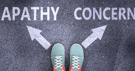 Apathy and concern as different choices in life - pictured as words Apathy, concern on a road to symbolize making decision and picking either Apathy or concern as an option, 3d illustration