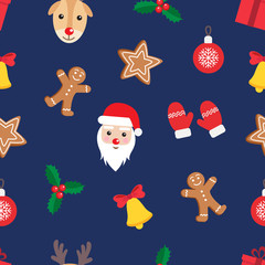 Seamless pattern of Christmas and New Year symbols. Gingerbread man, Santa Claus, deer, bell, candy, gift, ball, Christmas tree, mistletoe, gloves pattern on green background. Vector illustration.