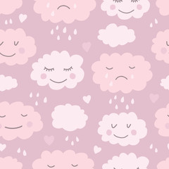 Cute hand drawn seamless pattern with clouds. Background for kids with smiling clouds. Vector illustration