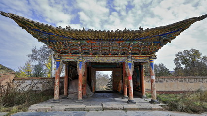 Wooden porch-polychrome portal-Shengguo Buddhist temple. Mati Si-Sunan Yugur Autonomous county-Zhangye-Gansu-China-1021