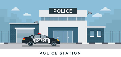 Police station department building with police car in flat style isolated on white background vector set illustration