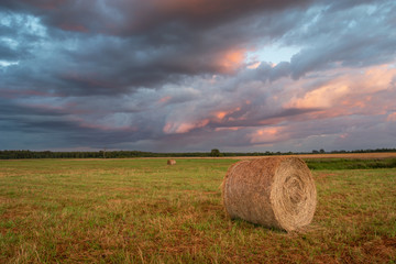 Hay bale in the field and coloured clouds after sunset, Czulczyce in Poland