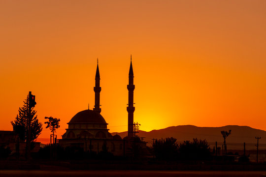 Mosque silhouette at sunset in Turkey