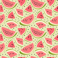 Watermelon seamless pattern. Hand drawn watermelon slice and seeds. Vector illustration for textile, paper and other products. Bright colored pink and red slices of berries on a green background.