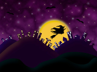 halloween night purple cloudy background city illustration with moon stars witch bats