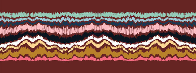 Ikat border. Geometric folk ornament. Ink on clothes. Tribal vector texture. Seamless striped pattern in Aztec style. Ethnic embroidery. Indian, Scandinavian, Gypsy, Mexican, African rug.