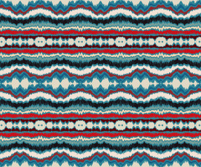 Ikat border. Geometric folk ornament. Ink on clothes. Tribal vector texture. Seamless striped pattern in Aztec style. Ethnic embroidery. Indian, Scandinavian, Gypsy, Mexican, African rug.