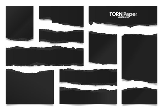 Ripped black paper strips. Realistic crumpled paper scraps with torn edges. Shreds of notebook pages. Vector illustration
