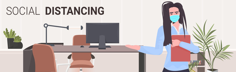 businesswoman pointing at at workplace social distancing coronavirus epidemic protection self isolation remote work concept office interior horizontal portrait vector illustration