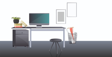 office workplace desk social distancing coronavirus epidemic protection self isolation concept modern cabinet interior horizontal vector illustration