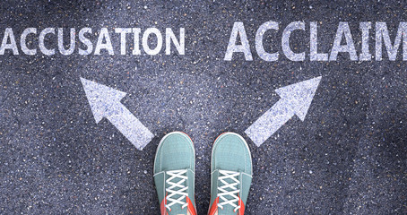 Accusation and acclaim as different choices in life - pictured as words Accusation, acclaim on a road to symbolize making decision and picking either one as an option, 3d illustration