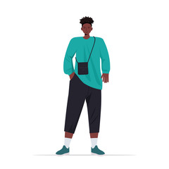 young man in casual trendy clothes african american male cartoon character standing pose full length vector illustration