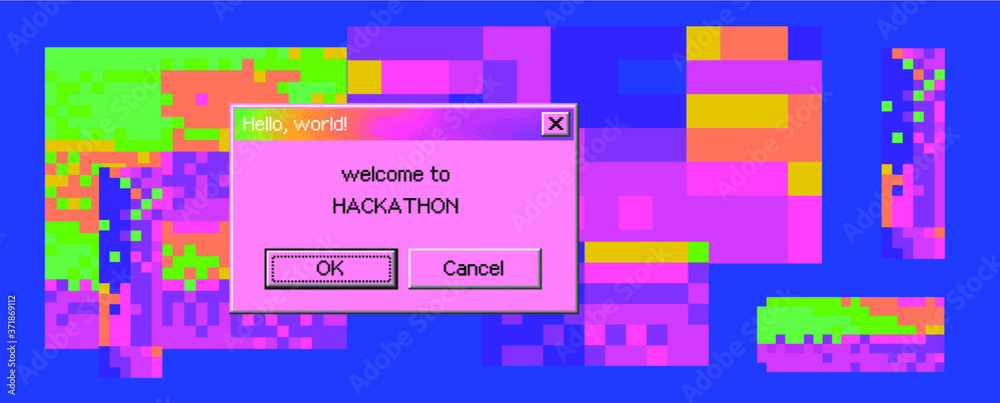 Poster Retro user interface with window message box. Vaporwave and cyberpunk style cover for Hackathon event.