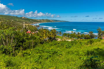 Fototapeta na wymiar A view looking down towards Bathsheba Beach on the east coast of Barbados