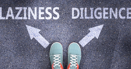 Laziness and diligence as different choices in life - pictured as words Laziness, diligence on a road to symbolize making decision and picking either one as an option, 3d illustration