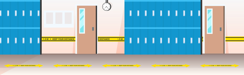 Obraz premium modern school corridor interior with signs for social distancing coronavirus epidemic protection measures concept horizontal vector illustration