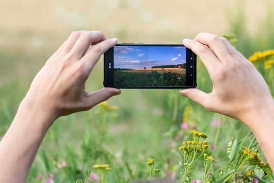 Holding smart phone with two hands horizontally and taking photos of summer wheat field summer sunny nature landscape