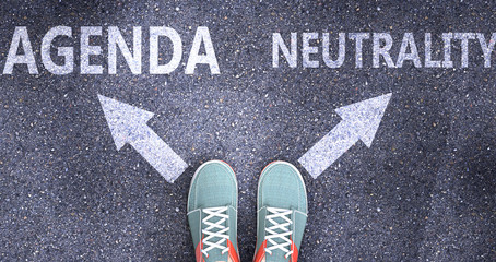 Agenda and neutrality as different choices in life - pictured as words Agenda, neutrality on a road to symbolize making decision and picking either Agenda or neutrality as an option, 3d illustration