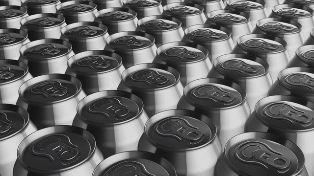 Rotating aluminum metal cans for drinks - beer or soda. Perfect background for beverage manufacturing and nutrition business. 3d seamless loopable animation