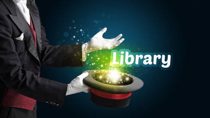 Magician is showing magic trick with Library inscription, educational concept