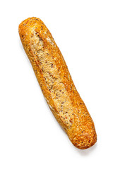 Top view of a fresh French baguette on a white background