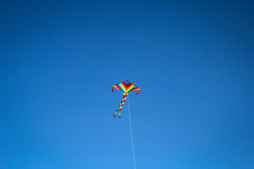 Ein Bunter Drachen fliegt am Himmel an der Ostsee.