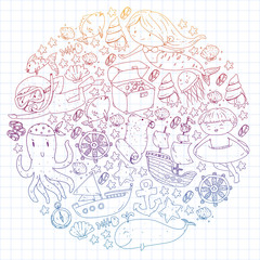 Vector icons of sea ocean adventure for little children. Nautical pattern for kids. Whale, pirates, pirate map, treasure chest, diving and fishes.