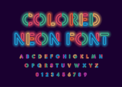 Colored neon font, colorful outlines letter and numbers set with neon colored glow on black background. Fluorescent shine Typeset for entertaiment, cinema, kids birthday, nighlife. Vector typography