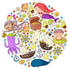 Vector icons of sea ocean adventure for little children. Nautical pattern for kids. Whale, pirates, pirate map, treasure chest, diving and fishes.