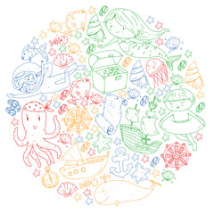Vector icons of sea ocean adventure for little children. Nautical pattern for kids. Whale, pirates, pirate map, treasure chest, diving and fishes.
