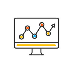 Vector stats the graph shows up and down arrow on monitor screen. Vector color icon.