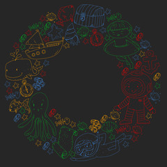 Vector icons of sea ocean adventure for little children. Nautical pattern for kids. Whale, pirates, pirate map, treasure chest, diving and fishes.