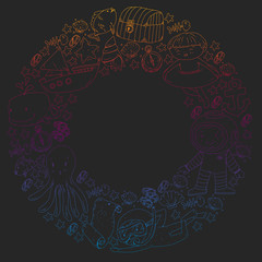 Vector icons of sea ocean adventure for little children. Nautical pattern for kids. Whale, pirates, pirate map, treasure chest, diving and fishes.