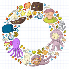 Vector icons of sea ocean adventure for little children. Nautical pattern for kids. Whale, pirates, pirate map, treasure chest, diving and fishes.