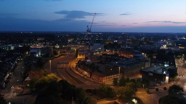 Coventry city centre and illuminated roads at twilight