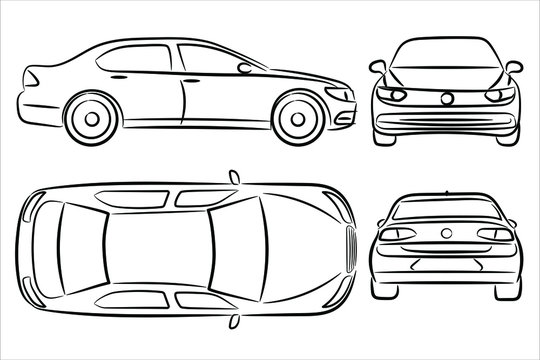 Car silhouette on white background. Vehicle icons set view from side, front, back, and top