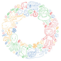 Vector icons of sea ocean adventure for little children. Nautical pattern for kids. Whale, pirates, pirate map, treasure chest, diving and fishes.