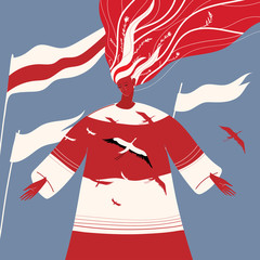 Belarusian woman stands against the background of flags, action of solidarity against cruelty. Vector illustration. Free Belarus.