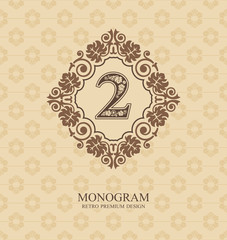 Number two Typographic design elements, Calligraphic graceful template, Elegant line art logo, Business sign for Royalty, Boutique, Restaurant, Cafe, Hotel, Heraldic, Jewelry, Wine