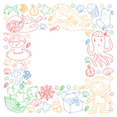 Vector icons of sea ocean adventure for little children. Nautical pattern for kids. Whale, pirates, pirate map, treasure chest, diving and fishes.