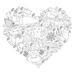 Vector icons of sea ocean adventure for little children. Nautical pattern for kids. Whale, pirates, pirate map, treasure chest, diving and fishes.