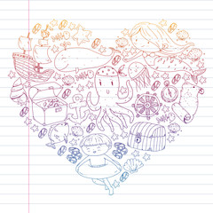 Vector icons of sea ocean adventure for little children. Nautical pattern for kids. Whale, pirates, pirate map, treasure chest, diving and fishes.